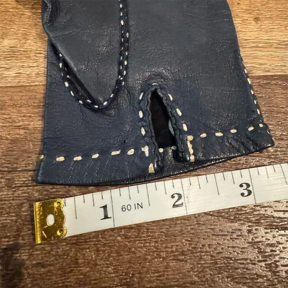 Small Vintage Navy Blue Leather Gloves White Trim Hand Stitch Wrist Length READ